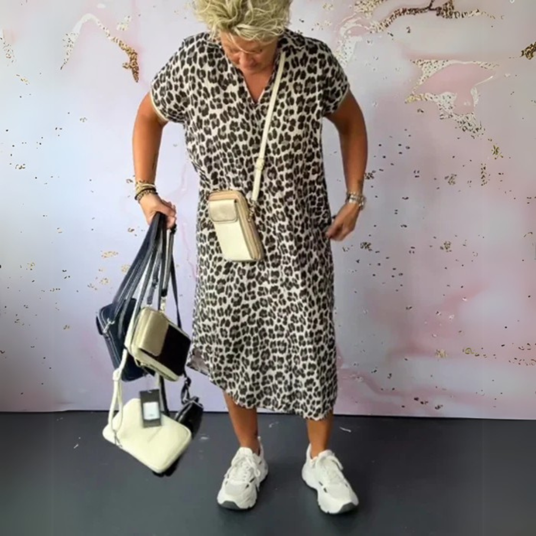 Natalie | Stilinga leopardinė midi suknelė